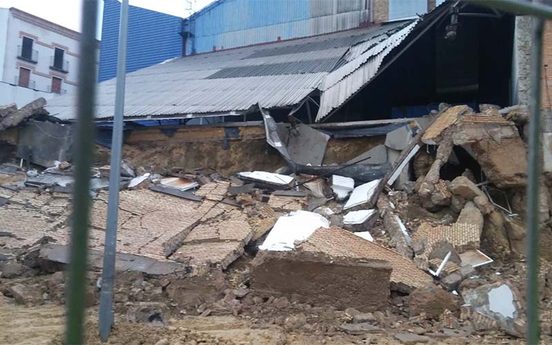 Alerta en Jerez tras el derrumbe de un muro y la no localización por momentos de un operario que trabajaba en el acerado de la zona