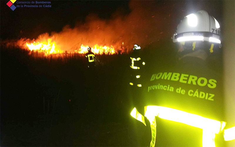 Ocho horas de actuación para extinguir en la Dehesa de las Yeguas de Puerto Real un fuego declarado este domingo de viento de levante