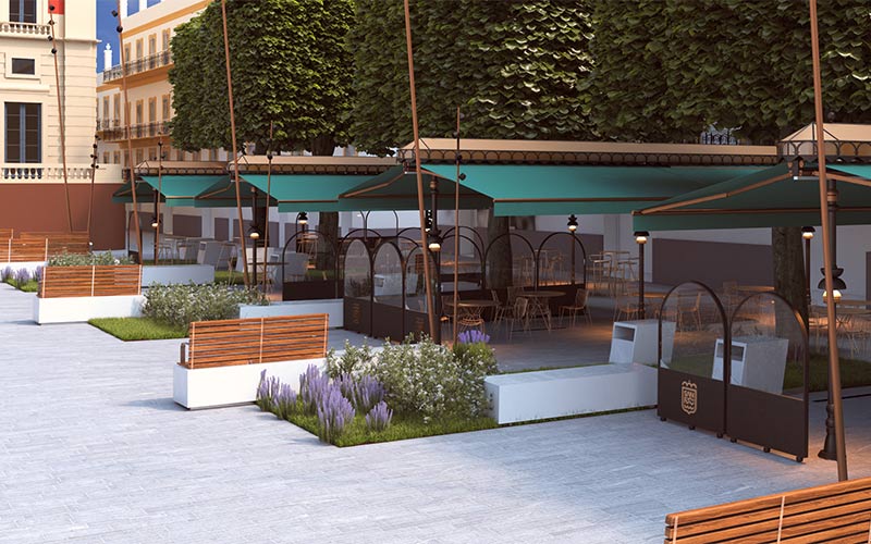 “Tradición y calidad, confort y modernidad” para los veladores de los bares que rodean la plaza del Rey, tras su remodelación en marcha