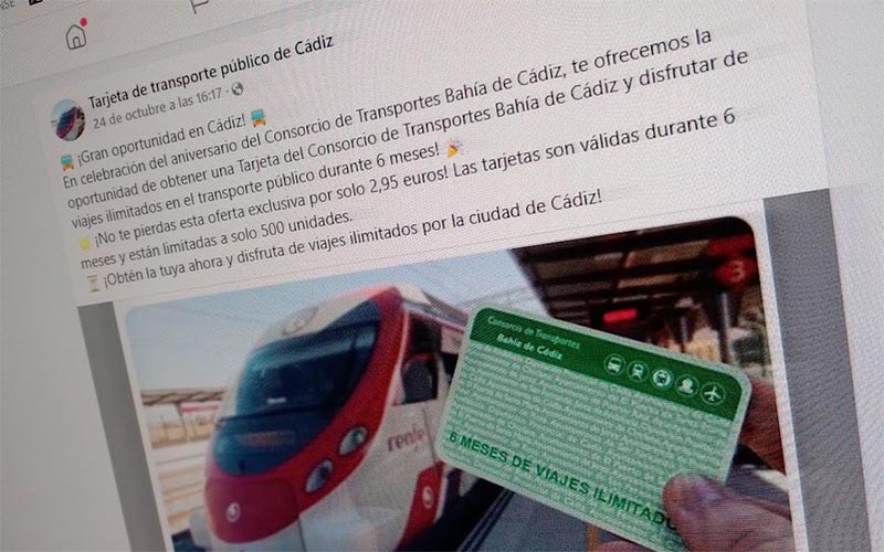 Facua alerta de un fraude en la Bahía de Cádiz a través de Facebook: ofertan una falsa tarjeta del Consorcio de Transportes con viajes ilimitados