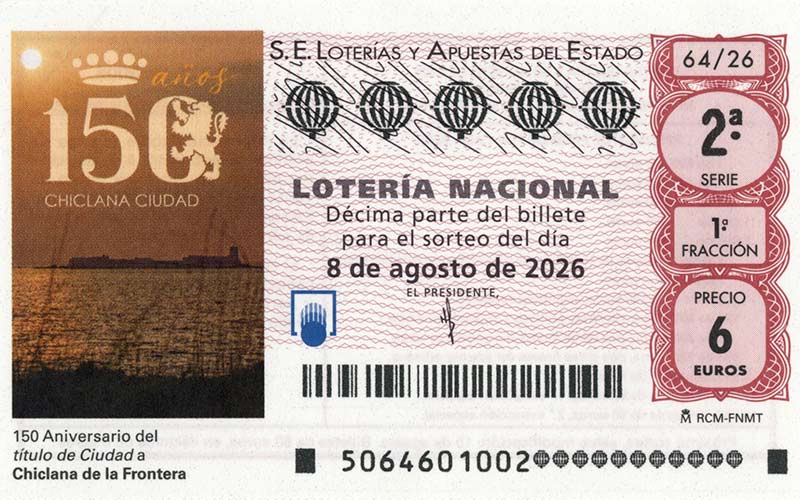 Lotería Nacional dedica su décimo del 8 de agosto a los 150 años de Chiclana como ciudad