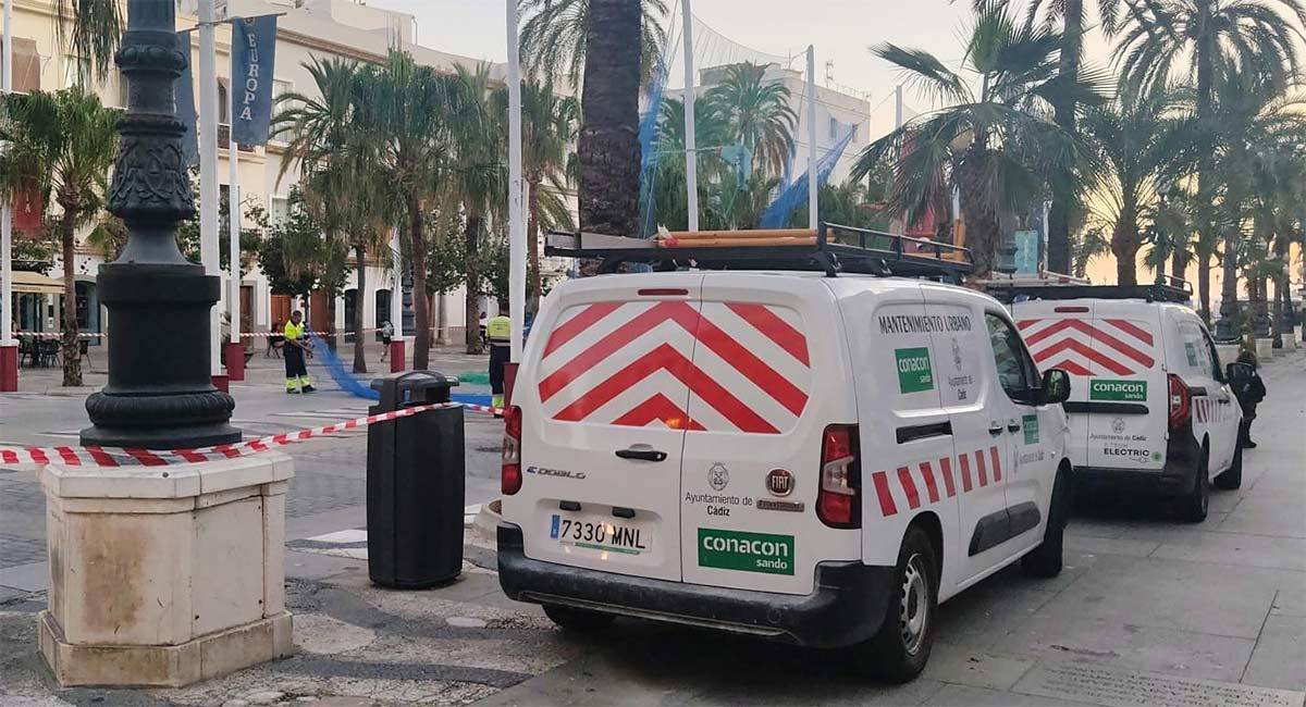 Personal de la contrata de mantenimiento urbano desmontando redes en San Juan de Dios - PSOE